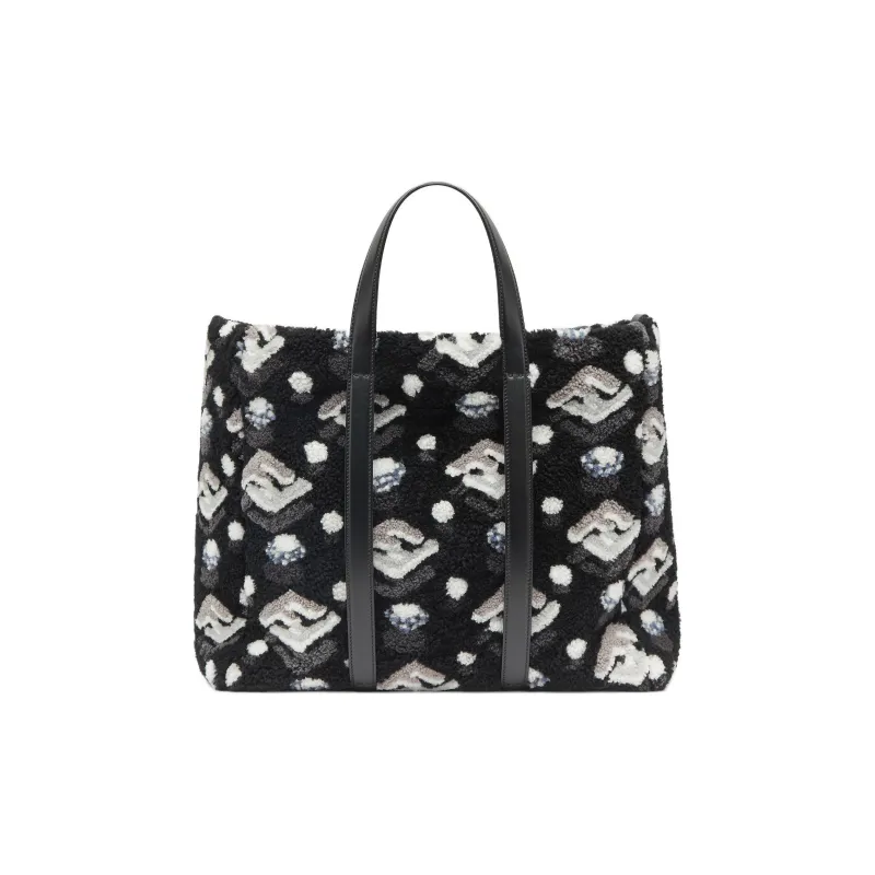 FENDI Shearling Cow Leather Patchwork Tote Bag Shopping Bag Handbag Men's Black-2