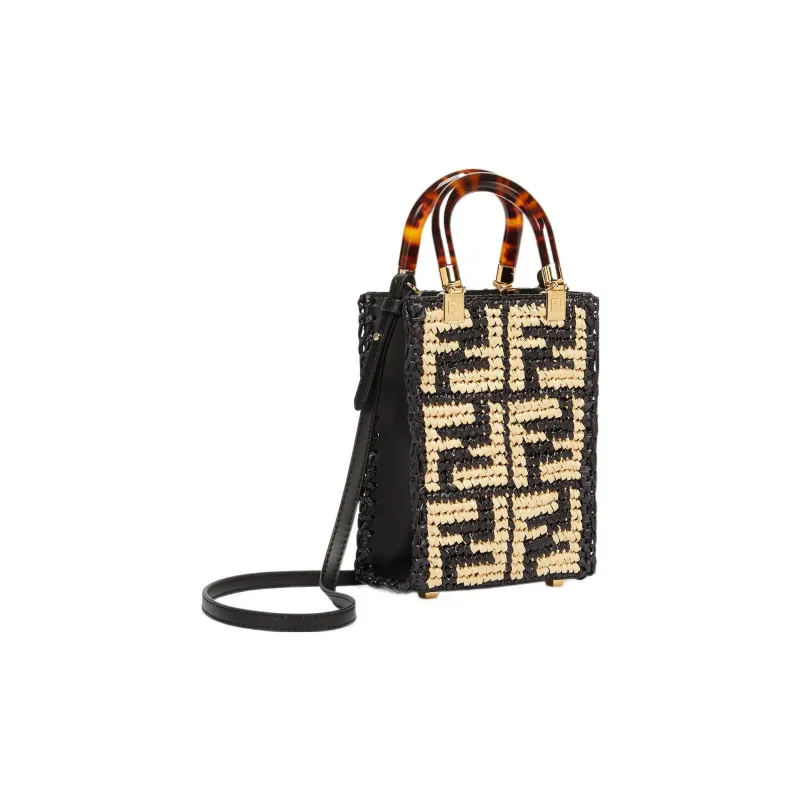 FENDI Sunshine Raffia Handbag, Shoulder Bag, Crossbody Bag Mini Women's Black-2