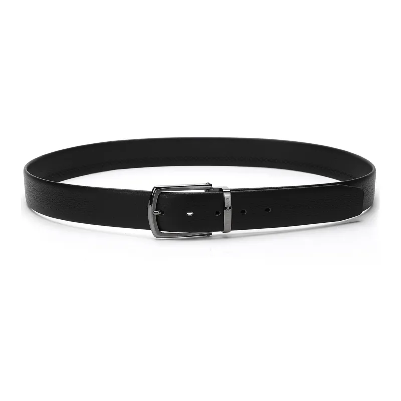 ELLE HOMME Pin Buckle Belt Steel Buckle Trendy Casual Top Grain Cow Leather Belts Men's Black Width 3.7cm-3