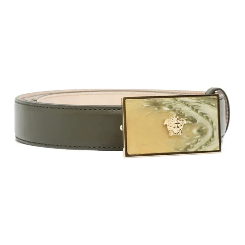 VERSACE Badge Detail Leather Belt Men's Green-1