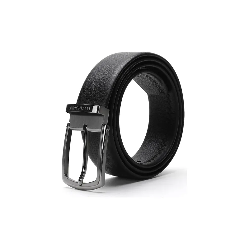 ELLE HOMME Pin Buckle Belt Steel Buckle Trendy Casual Top Grain Cow Leather Belts Men's Black Width 3.7cm-1