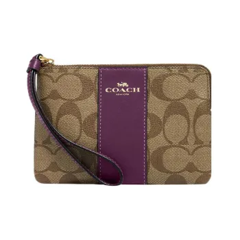 COACH Corner Zip Canvas With Leather Coin Purse Wrist Bag Clutch Small Size Women's Brown & Purple