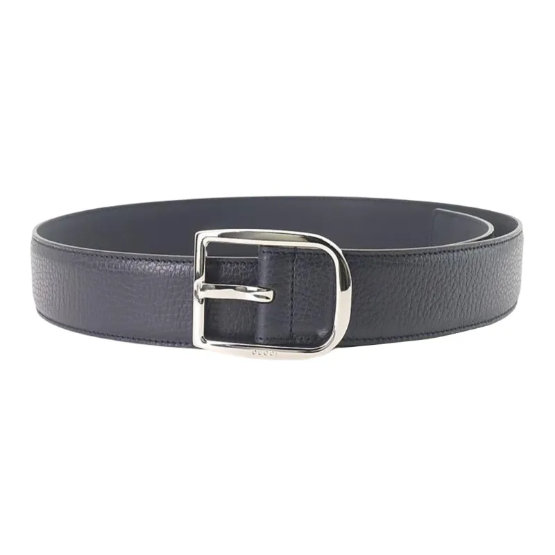 GUCCI Silver Head Pin Buckle Leather Belts Men's Navy Blue Width: 4cm-0