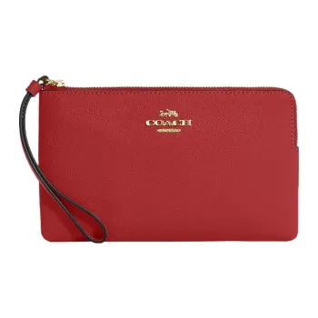 COACH Corner Zip Cross-Stitch Leather Coin Purse Wrist Bag Clutch Small Size Women's Red