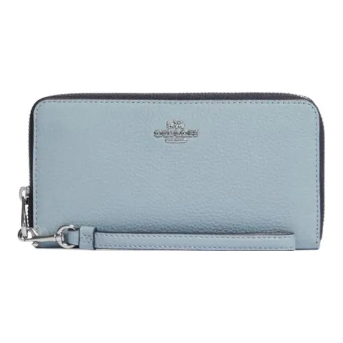 COACH Zip Around Refined Pebble Leather Card Holder Wallet Women's Ice Blue