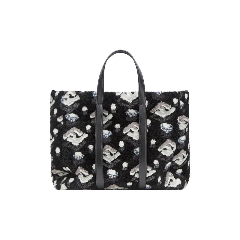 FENDI Shearling Cow Leather Patchwork Tote Bag Shopping Bag Handbag Men's Black-0