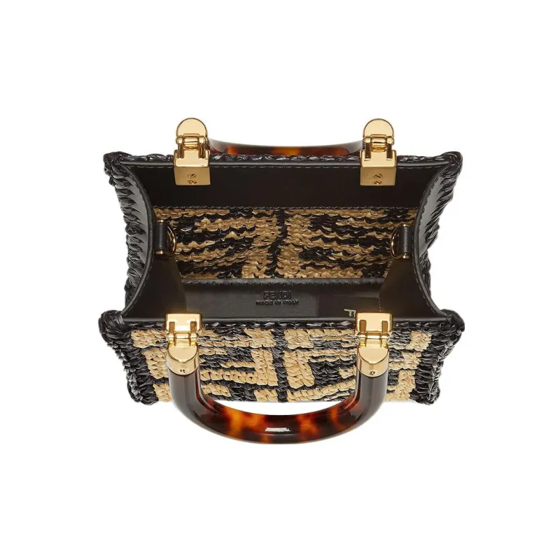 FENDI Sunshine Raffia Handbag, Shoulder Bag, Crossbody Bag Mini Women's Black-7
