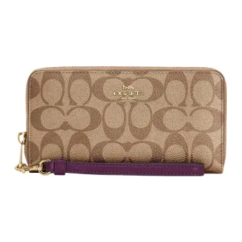 COACH Zip Around Signature Coated Canvas With Smooth Leather Coin Purse Wrist Bag Clutch Wallet Women's Brown