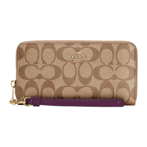 COACH Zip Around Signature Coated Canvas With Smooth Leather Coin Purse Wrist Bag Clutch Wallet Women's Brown