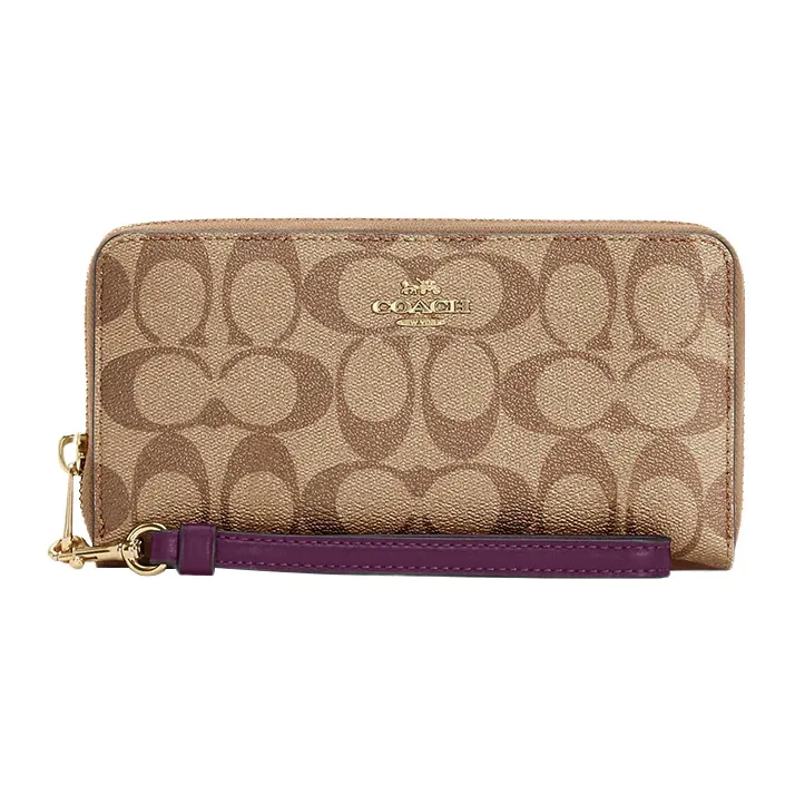 COACH Zip Around Signature Coated Canvas With Smooth Leather Coin Purse Wrist Bag Clutch Wallet Women's Brown-0