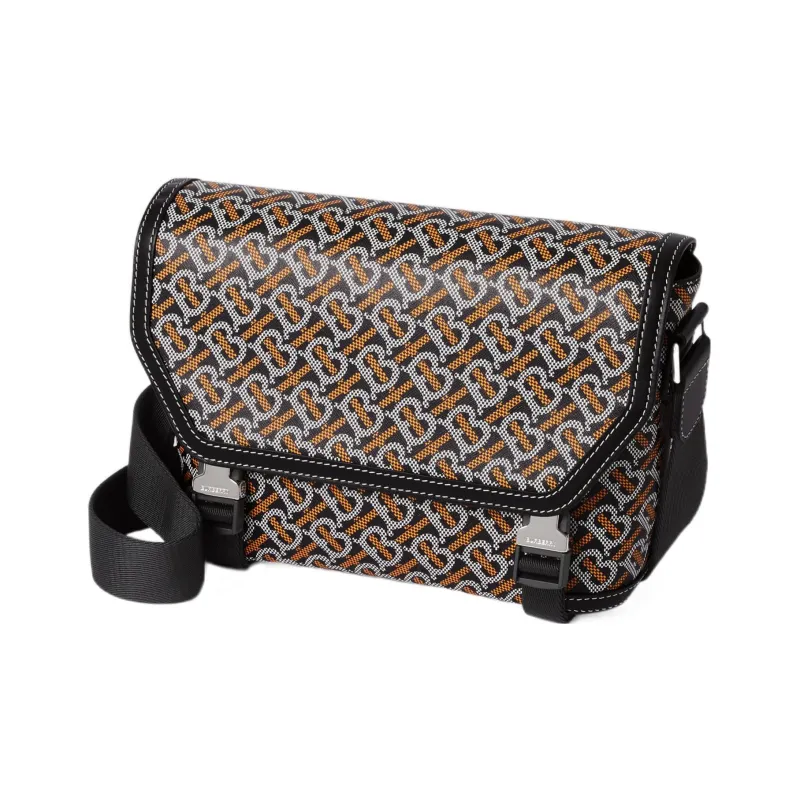 Burberry Monogram Calfskin Trim Messenger Bag Shoulder Bag Crossbody Bag Small Size Men's Black/Orange-2