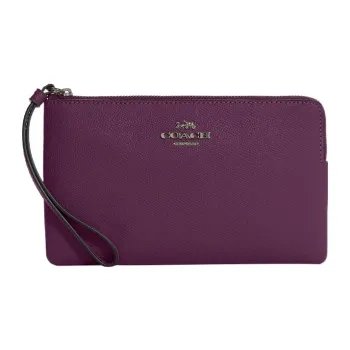 COACH Corner Zip Cross-Stitch Leather Wrist Bags Clutches Wallets Large Size Women's Purple