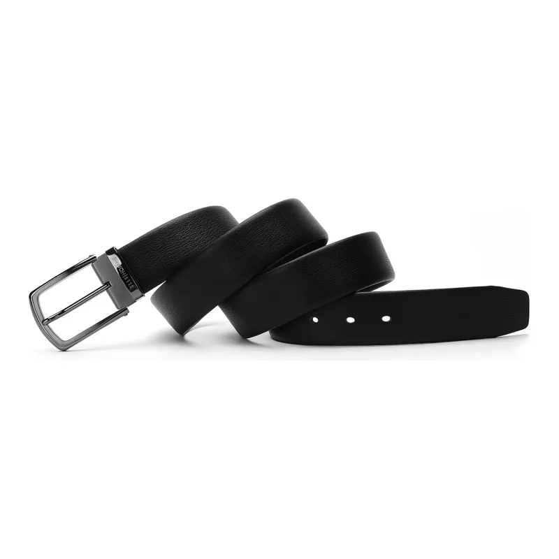 ELLE HOMME Pin Buckle Belt Steel Buckle Trendy Casual Top Grain Cow Leather Belts Men's Black Width 3.7cm-2