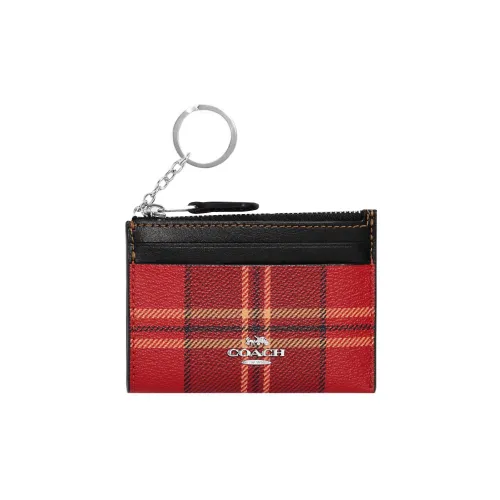 COACH Mini Id Skinny Coated Canvas With Smooth Leather Document Wallet Coin Purse Card Holder Women's Red & Black