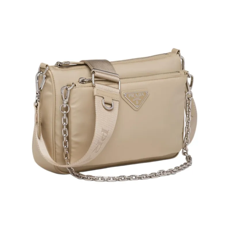 PRADA Saffiano Leather Detail Shoulder Bag Crossbody Bag Women's Beige-1
