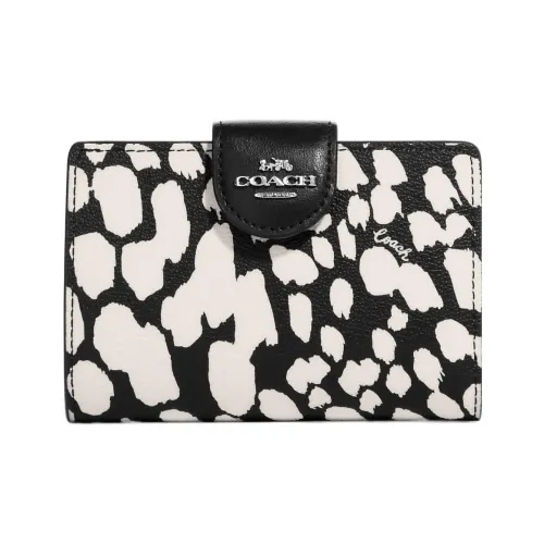 COACH Corner Zip Coated Canvas With Leather Document Wallet Card Holder Money Medium Size Women's Black & White
