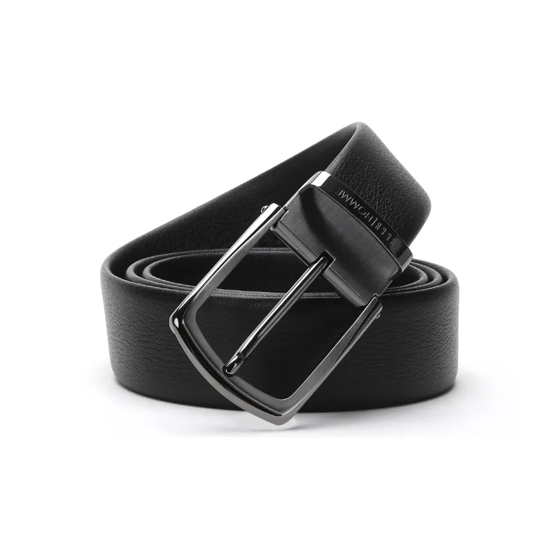 ELLE HOMME Pin Buckle Belt Steel Buckle Trendy Casual Top Grain Cow Leather Belts Men's Black Width 3.7cm-0