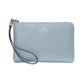 COACH Corner Zip Cross-Stitch Leather Coin Purse Wrist Bag Clutch Small Size Women's Ice Blue