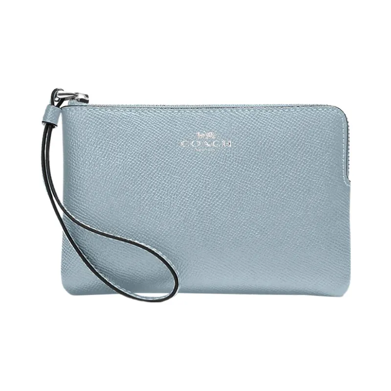 COACH Corner Zip Cross-Stitch Leather Coin Purse Wrist Bag Clutch Small Size Women's Ice Blue-0