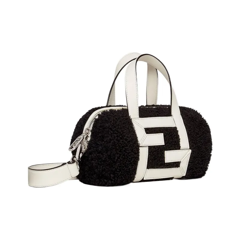FENDI Sheep Wool Leather Calfskin Cylinder Bag Shoulder Bag Crossbody Bag Handbag Mini Men's Black/White-2