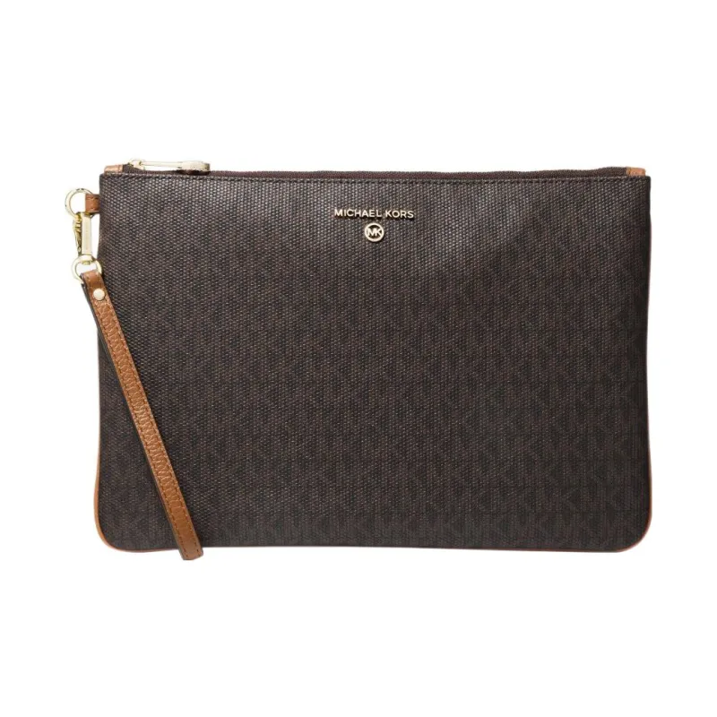 MICHAEL KORS Slater Cotton With Coated Canvas And Leather Trim Combo Bag Clutch Large Size Women's Dark Brown-1