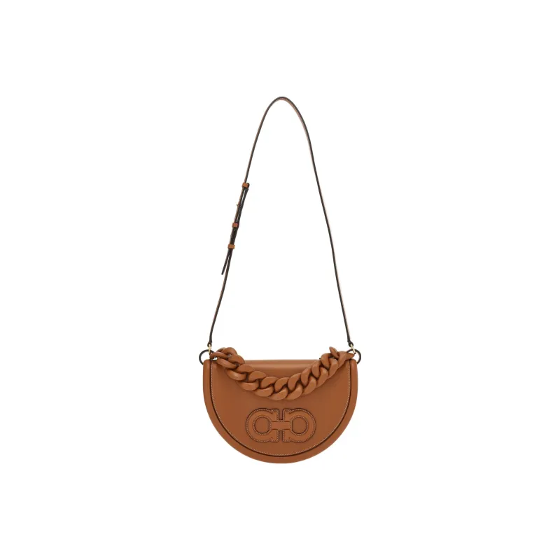 FERRAGAMO AURA Cow Leather Crescent Bag, Shoulder Bag, Crossbody Bag, Handbag Regular Women's Brown-5