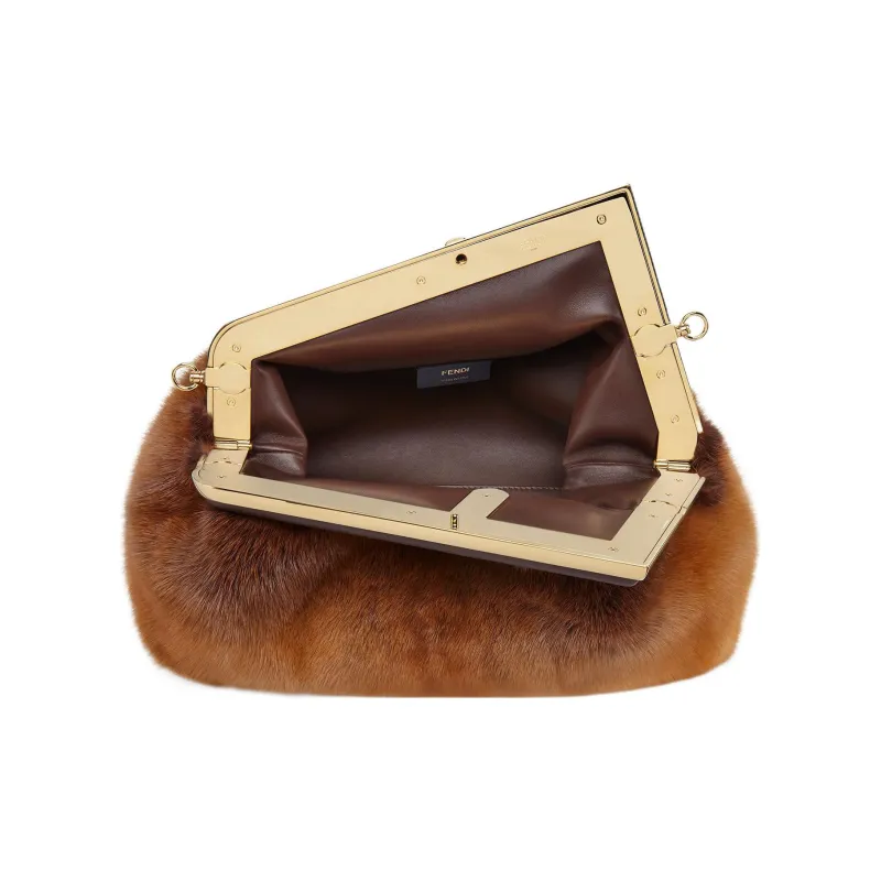 FENDI Fendi First Mink Fur Blended With Lambskin One Shoulder Crossbody Clutches Medium Size Women's Brown-3
