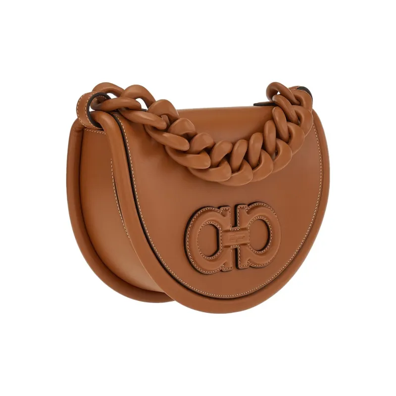 FERRAGAMO AURA Cow Leather Crescent Bag, Shoulder Bag, Crossbody Bag, Handbag Regular Women's Brown-3