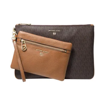 MICHAEL KORS Slater Cotton With Coated Canvas And Leather Trim Combo Bag Clutch Large Size Women's Dark Brown