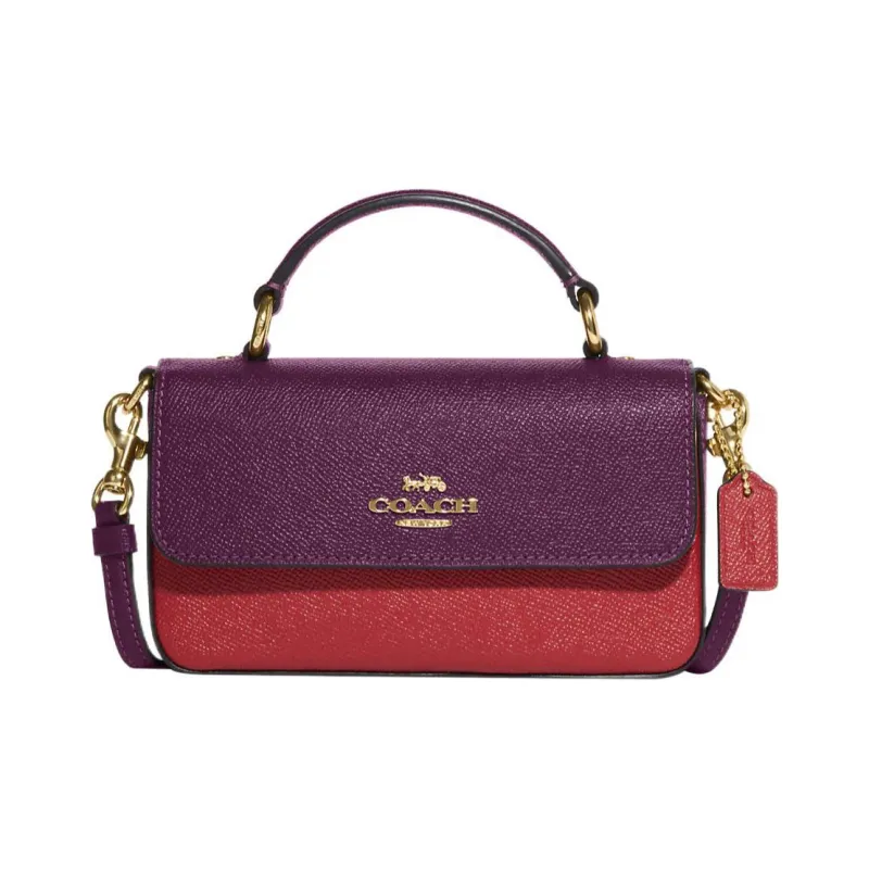 COACH Cross Grain Leather Handbag, Shoulder Bag, Crossbody Bag Mini Women's Purple & Red-0