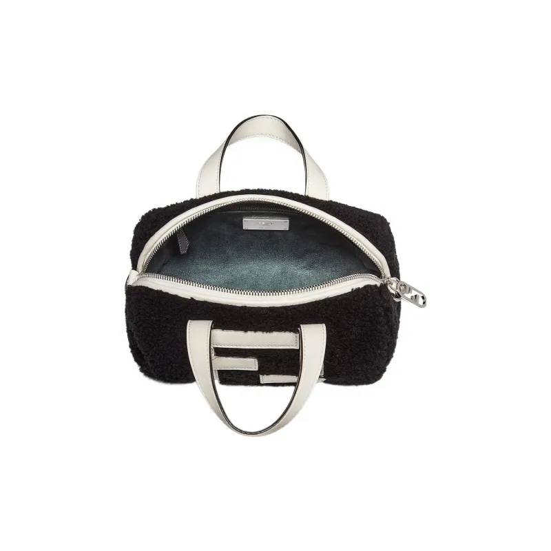 FENDI Sheep Wool Leather Calfskin Cylinder Bag Shoulder Bag Crossbody Bag Handbag Mini Men's Black/White-3
