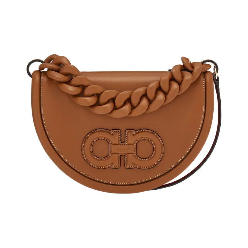 FERRAGAMO AURA Cow Leather Crescent Bag, Shoulder Bag, Crossbody Bag, Handbag Regular Women's Brown-0