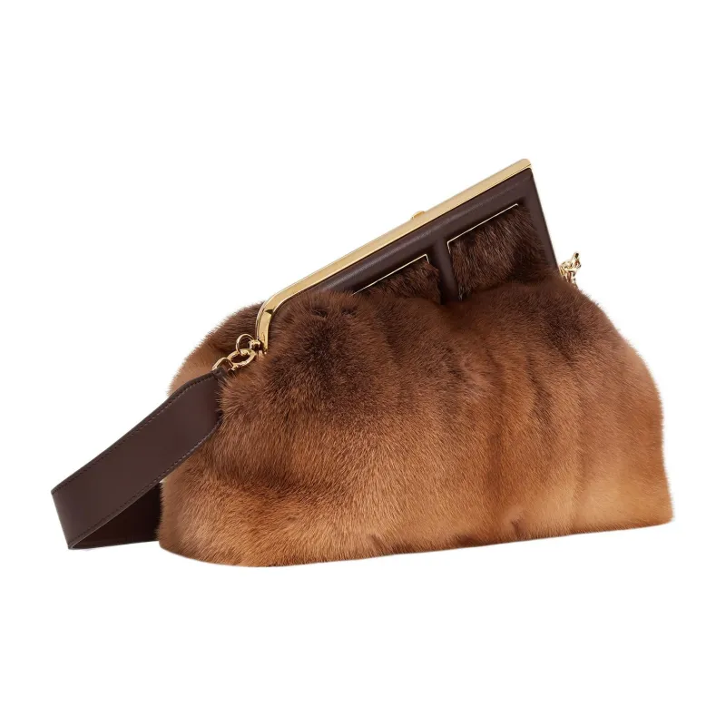 FENDI Fendi First Mink Fur Blended With Lambskin One Shoulder Crossbody Clutches Medium Size Women's Brown-2