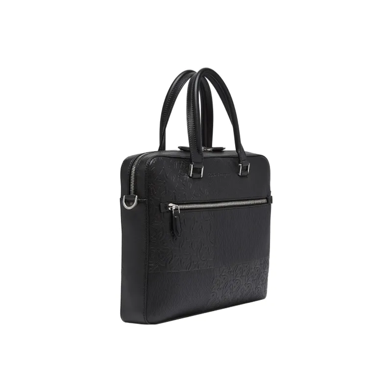 FERRAGAMO Calfskin With Recycled Nylon Portable One Shoulder Crossbody Business Bag Briefcase Men's Black-1