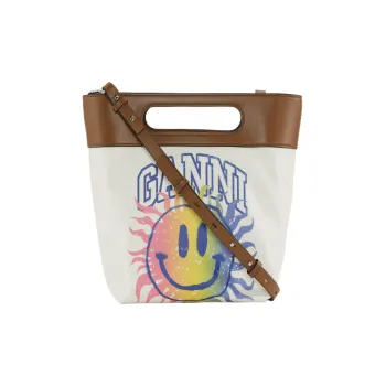 GANNI Canvas With Leather Tote Bag, Shopping Bag, Shoulder Bag, Crossbody Bag, Handbag Trumpets Women's Light Umber