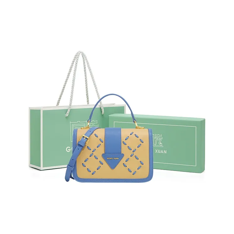 Gong Xuan Cow Leather Crossbody Handbag Regular Women's Yellow Blue Color Block-1