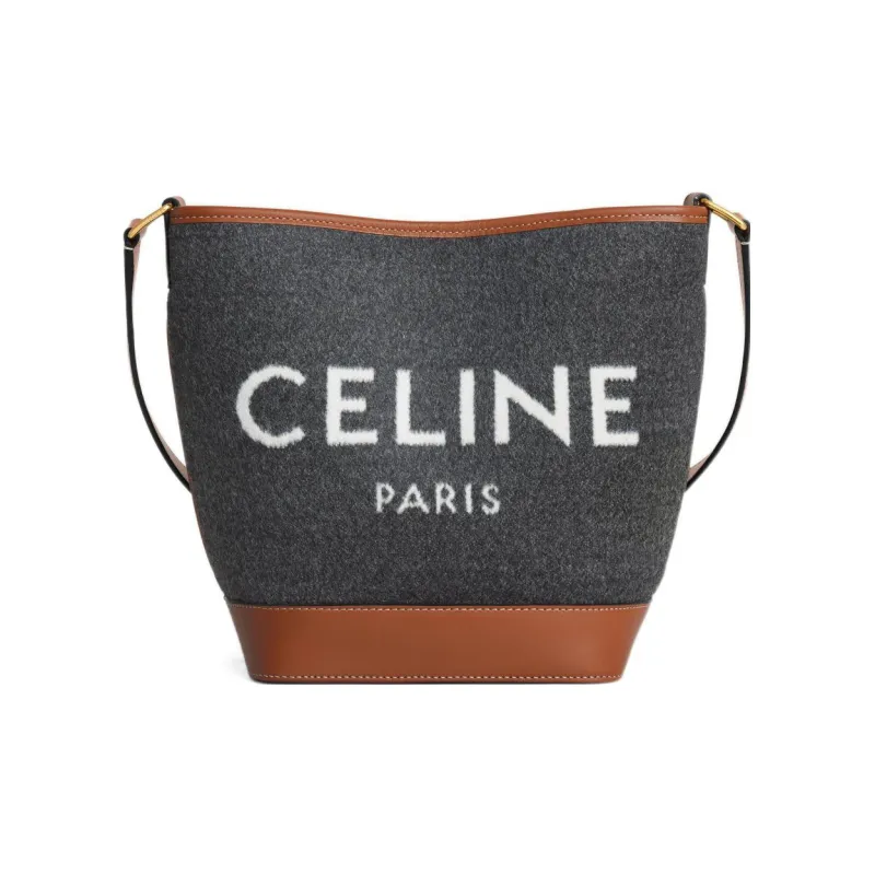 CELINE Fabric With Cow Leather Bucket Bag, Shoulder Bag, Crossbody Bag Small Size Women's Gray/Beige-0