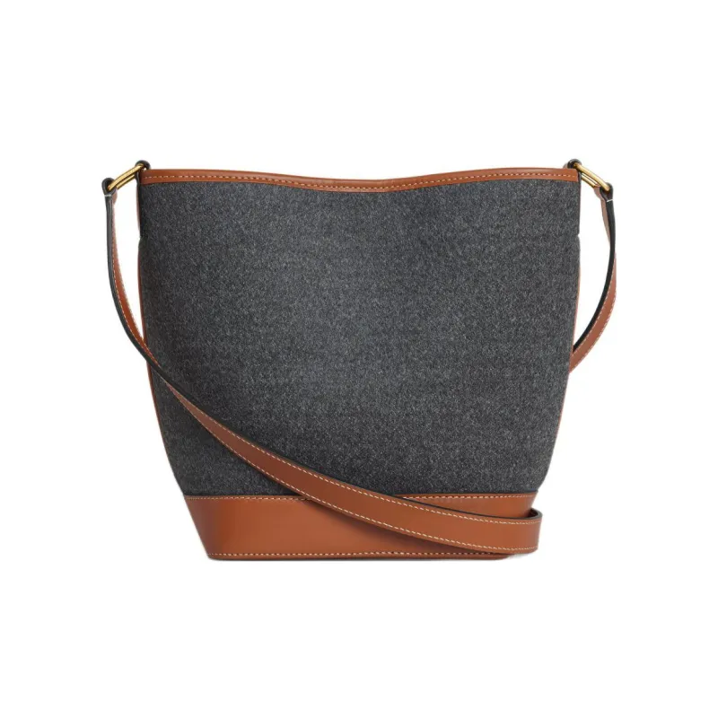 CELINE Fabric With Cow Leather Bucket Bag, Shoulder Bag, Crossbody Bag Small Size Women's Gray/Beige-2
