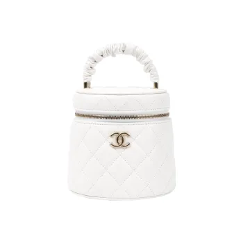 CHANEL Shiny Lambskin Makeup Bags Handbags Large Size Women's White