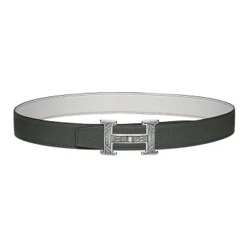 HERMES Classic Metal Logo Silver Buckle Togo Calfskin Double-Sided Leather Belt Men's Gray Width: 3.2cm