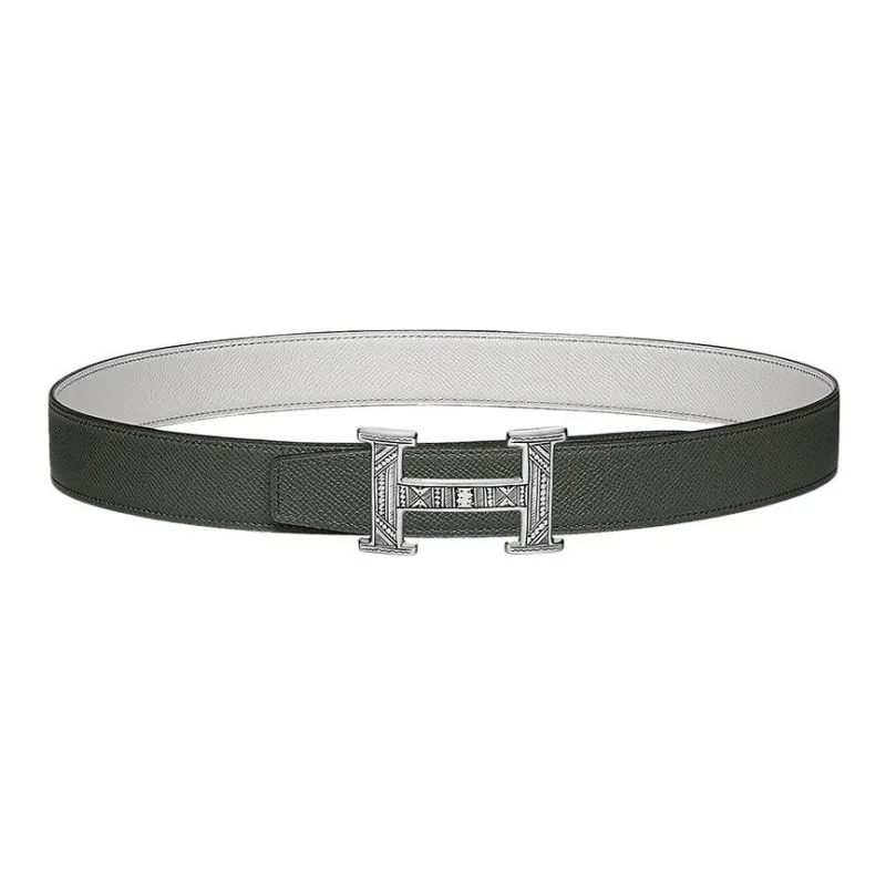 HERMES Togo Classic Metal Logo Silver Buckle Togo Calfskin Double Sided Leather Belt Men's Gray Width 3.2cm-0