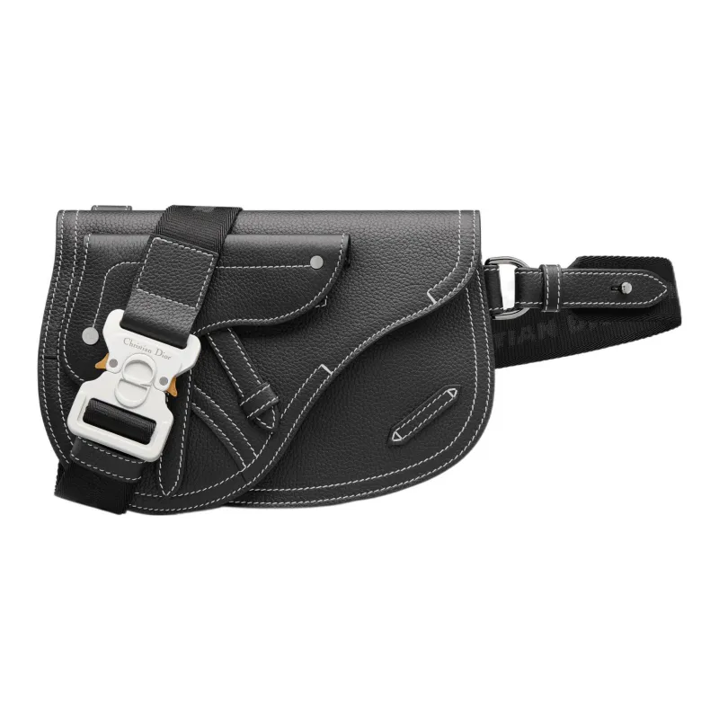 DIOR Grained Calfskin Saddle Bag, One Shoulder Crossbody Bag, Sling Bag, Fanny Pack Men's Black-0