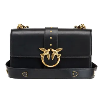 PINKO Cow Leather Swallow Bag, Small Square Bag, Shoulder Bag, Crossbody Bag Medium Size Women's Black