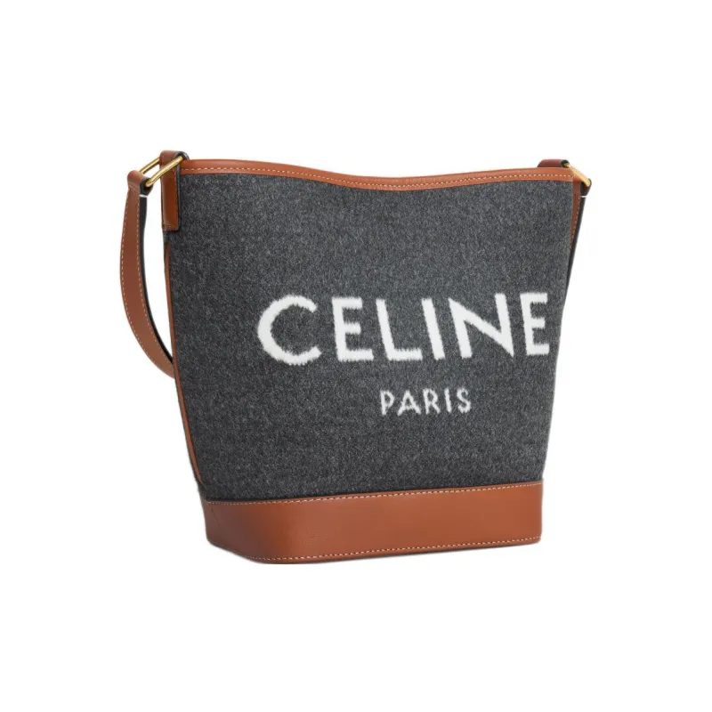 CELINE Fabric With Cow Leather Bucket Bag, Shoulder Bag, Crossbody Bag Small Size Women's Gray/Beige-1