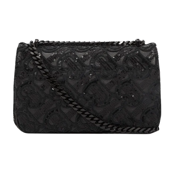 Burberry Monogram Sequined Leather Shoulder Bag Crossbody Bag Small Size Women's Black-3