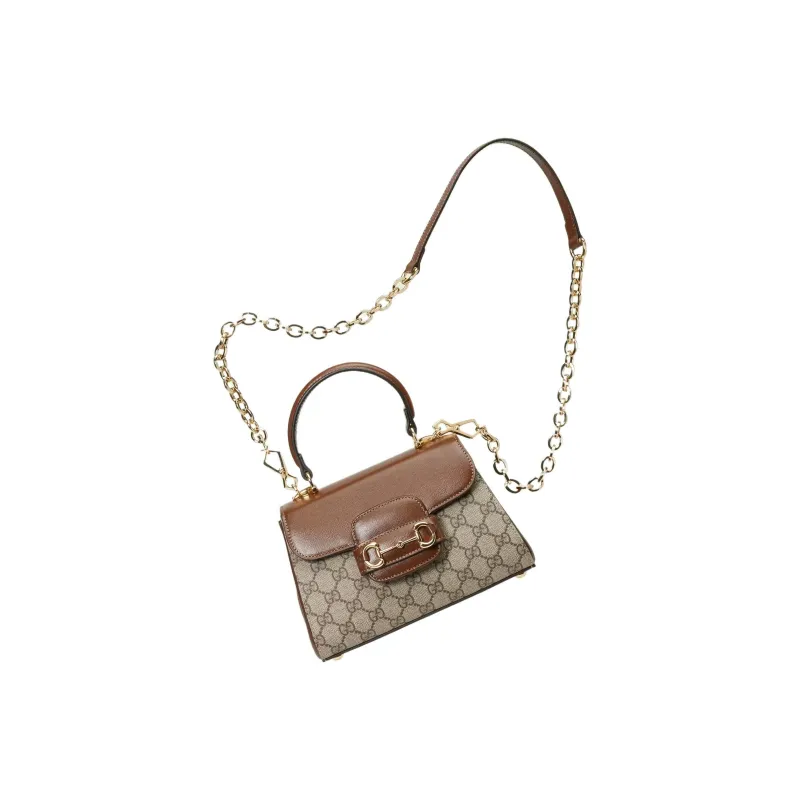 GUCCI Horsebit 1955 Canvas With Leather Shoulder Bag, Crossbody Bag, Handbag Mini Women's Brown/Ebony-8