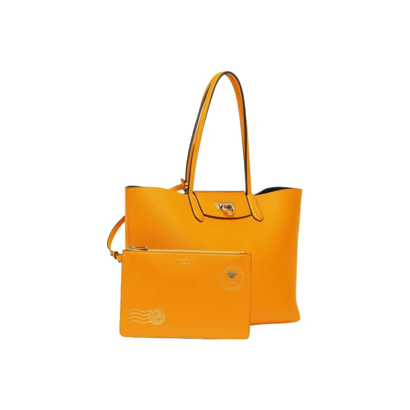 FERRAGAMO GANCINI Stamped Calfskin Tote Bag Shopping Bag Shoulder Bag Handbag Small Size Women's Orange-4