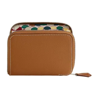 HERMES Silk'In Epsom With Barenia Calfskin Coin Purses Wallets Women's Gold/Dusty Blue