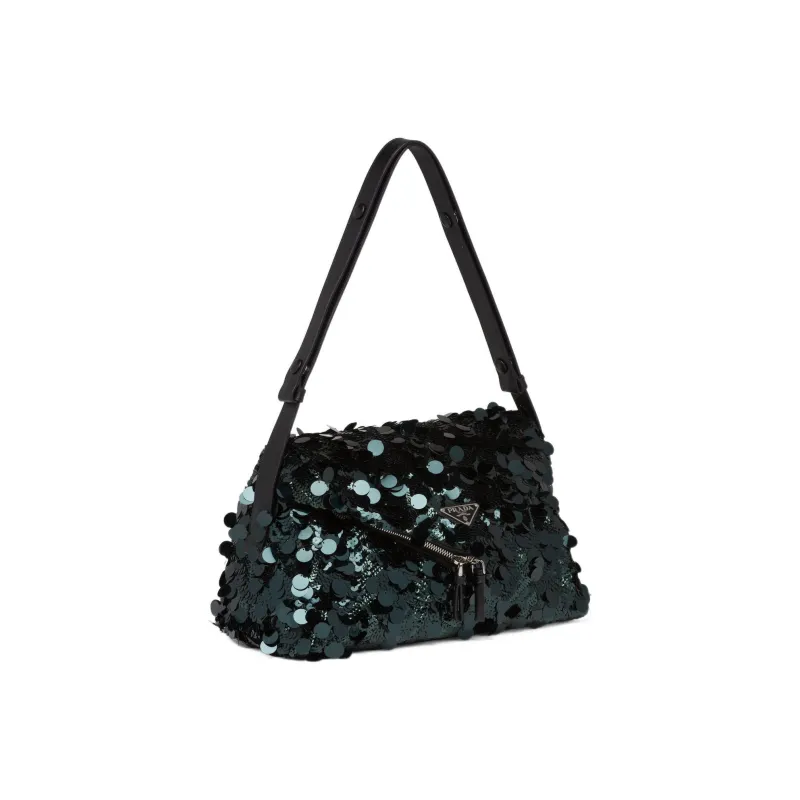 PRADA Sequins Embroidery With Leather Handbag Shoulder Bag Women's Dark Green-1