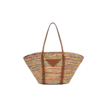 PRADA Straw And Wicker With Leather Tote Bag Shopping Bag Shoulder Bag Handbag Women's Multicolor